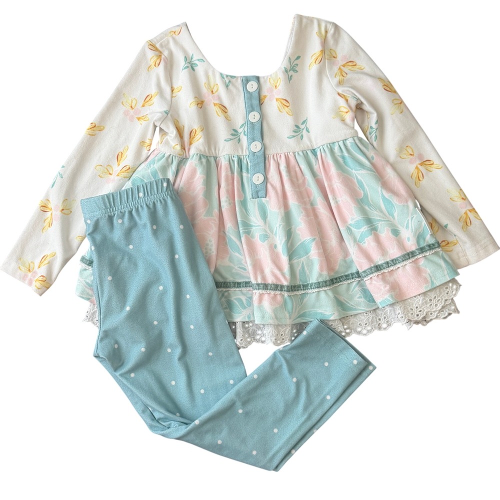 Jane + Jo Floral Lace Tunic and Polka Dot Leggings Set 4T Fairy Coquette SOFT